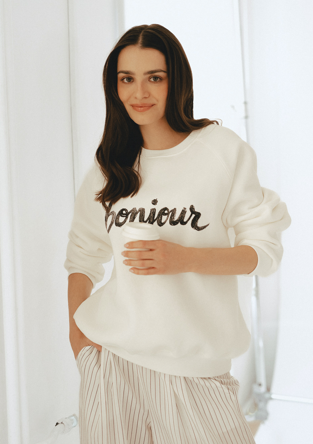 biał bluza bawełniana, z nadrukiem Bonjour, by the moon