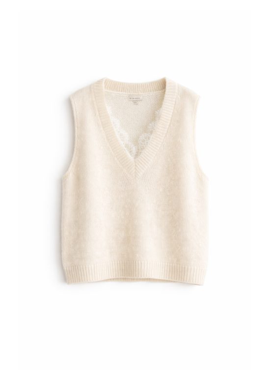biała kamizelka wełniana, cienka, z koronką dekolt w serek, by the moon, polska marka