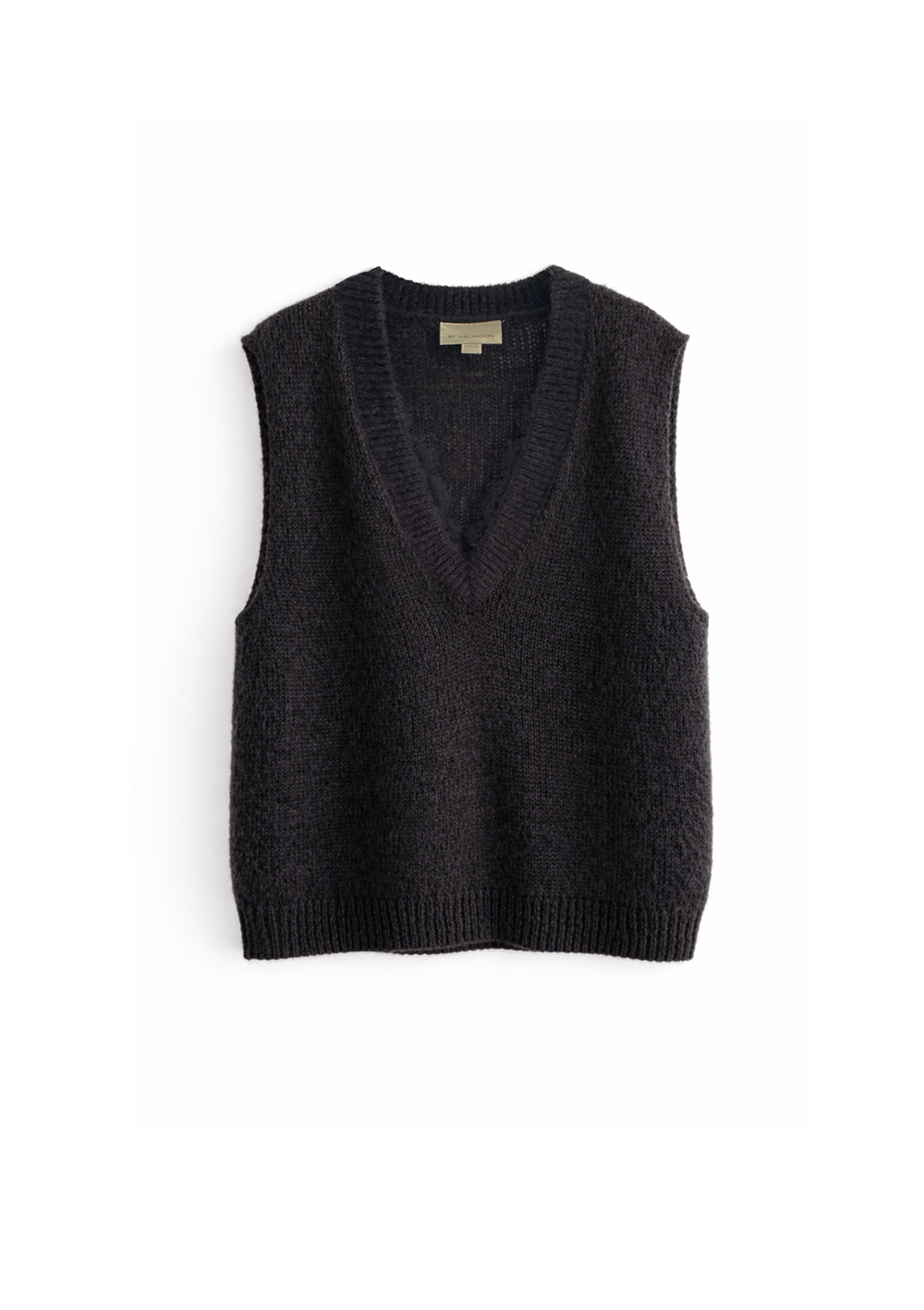 czarna, cienka, kamizelka wełniana, z koronką dekolt w serek, by the moon, polska marka