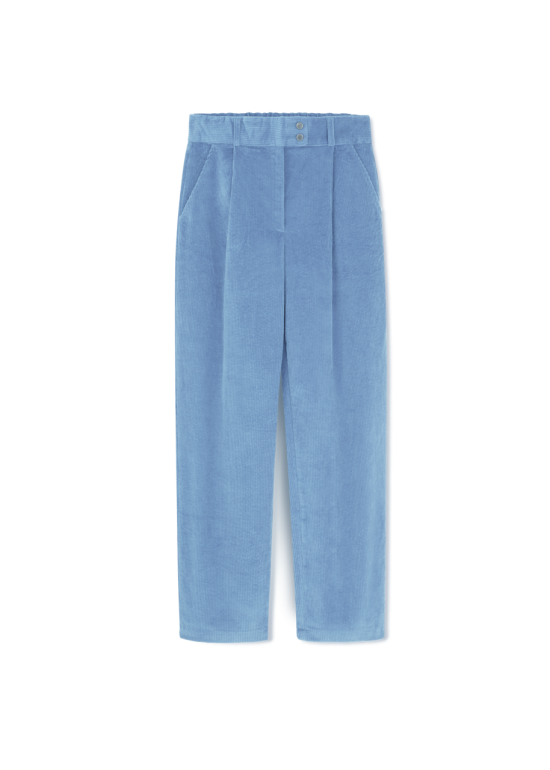 damskie spodnie sztruksowe Lizbona, niebieskie, błękitne, miękkie, boyfriendy, polska marka, by the moon