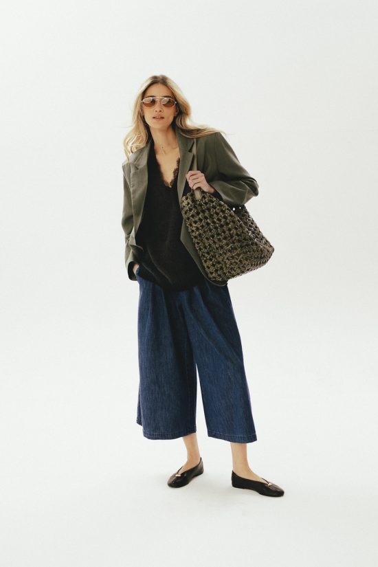 kuloty denomowe, z denimu, dzinsowe, szerokie, luźne spodnie do pół łydki