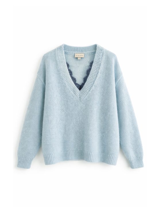 damski sweter niebieski, błekitny, z koronka, dekolt w serek, polska marka, wełniany