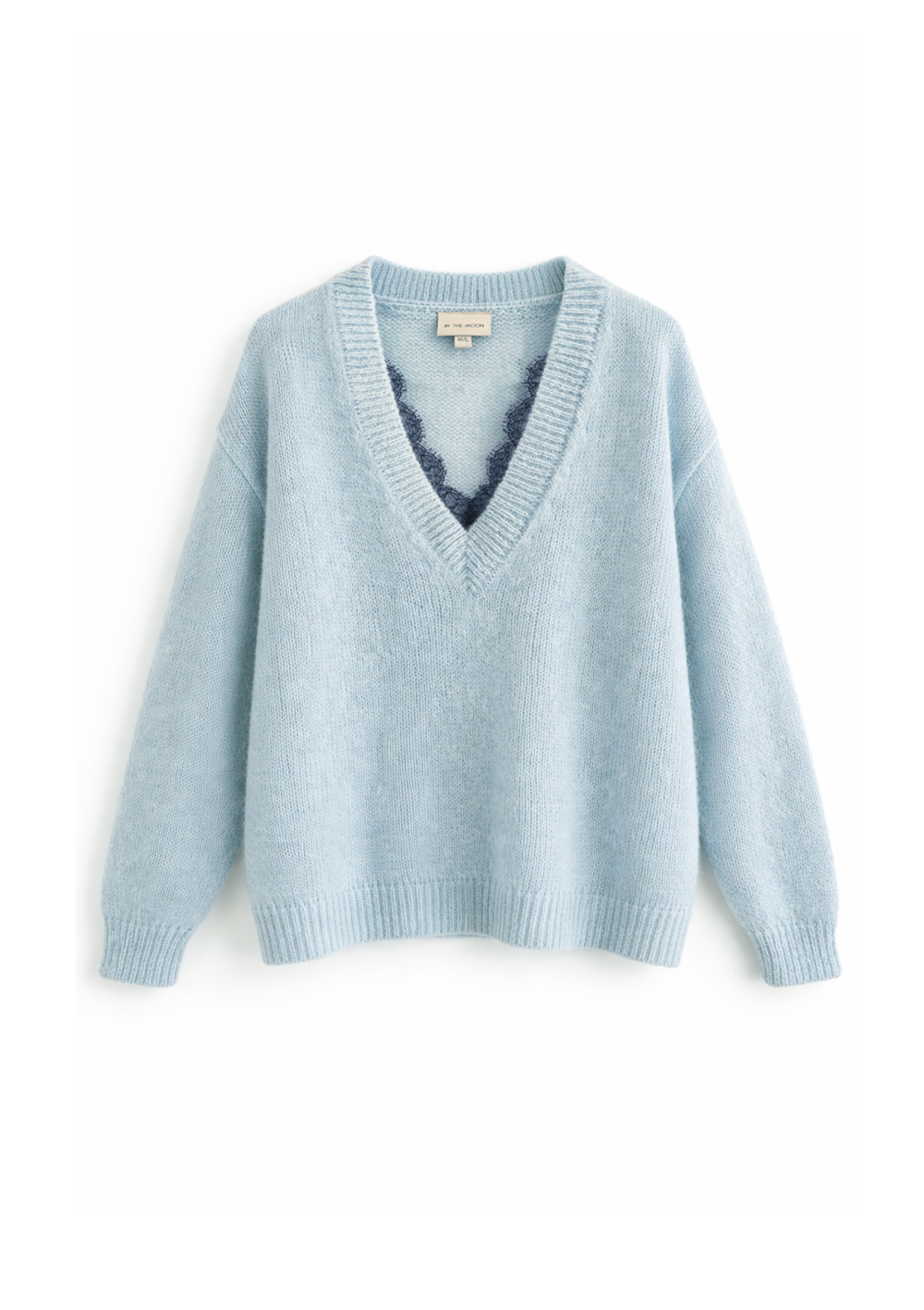 damski sweter niebieski, błekitny, z koronka, dekolt w serek, polska marka, wełniany