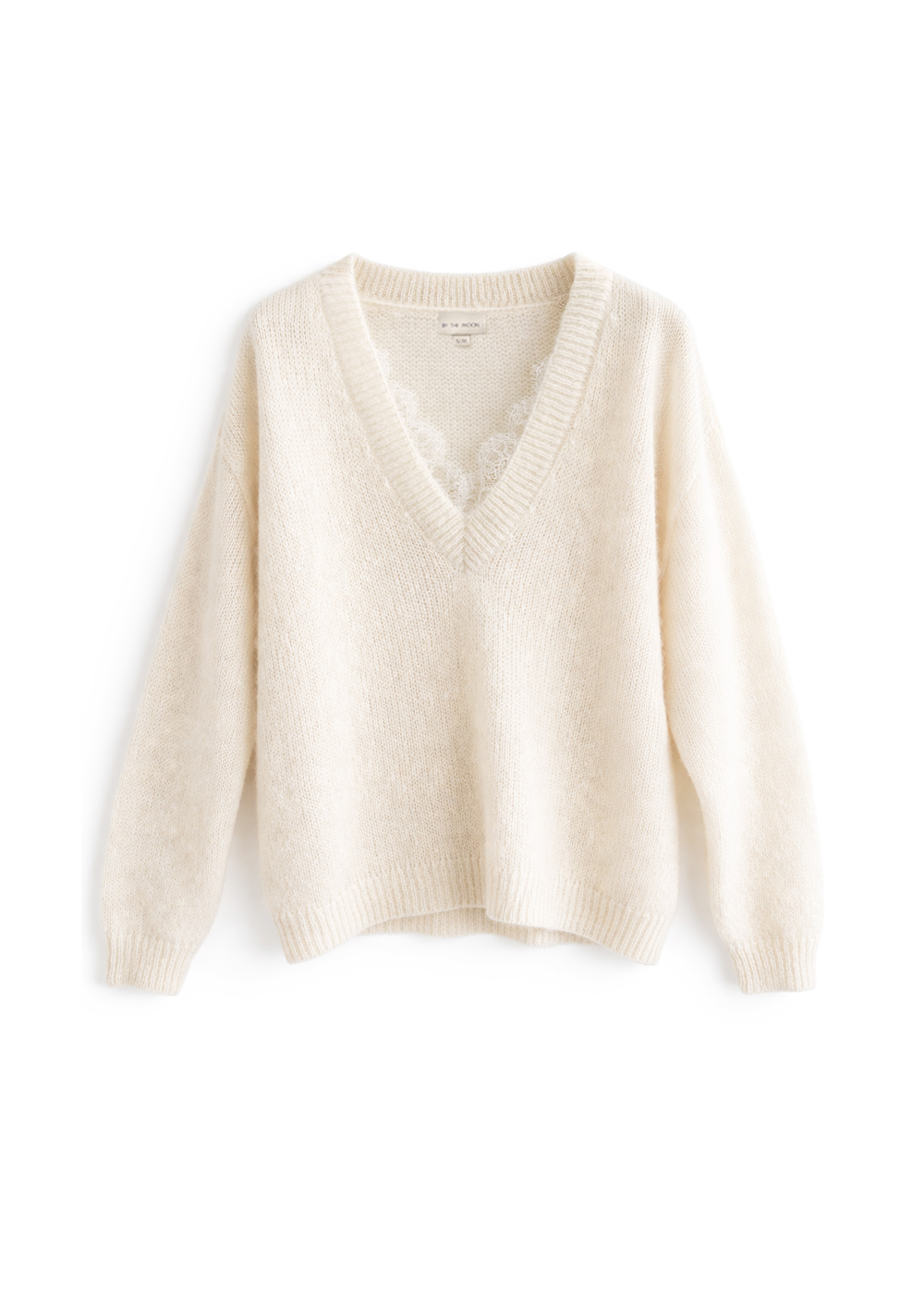 damski sweter wełniany, cienki, z koronką , dekolt w serek , biały, ecru, jasny