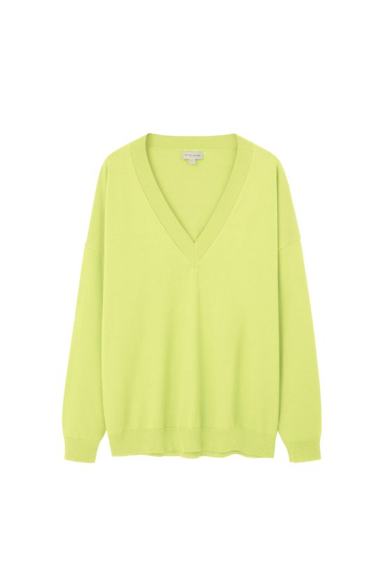 sweter w kolorze limonki, zólty, kanarkowy, polska marka, z dekoltem w serek, over size