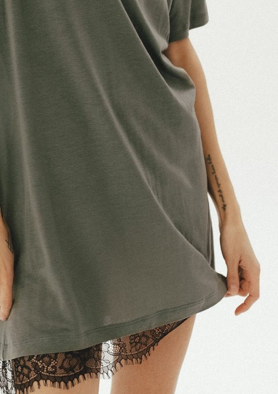 koronkowa tunika, zkoronką, khaki, dekolt V, wiskoza