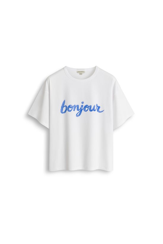 damski biały t-shirt, koszulka, bawełna, z napisem bonjour