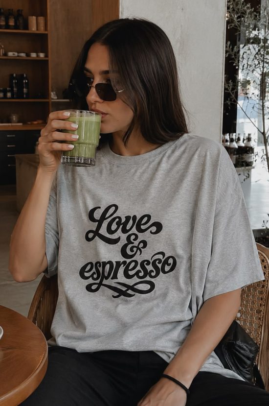 szary t-shirt damski, love and espresso, bawełniany, polska marka