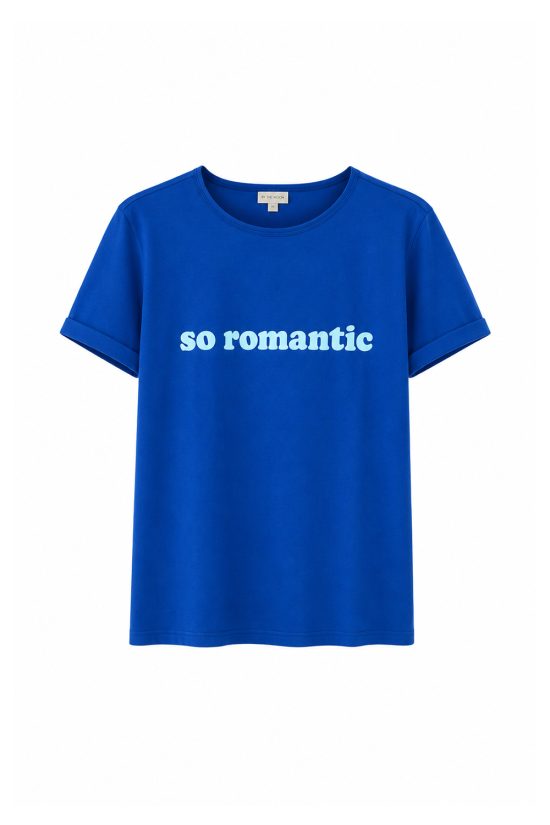 niebieski, bawełniany t-shirt z nadrukiem flock so romantic