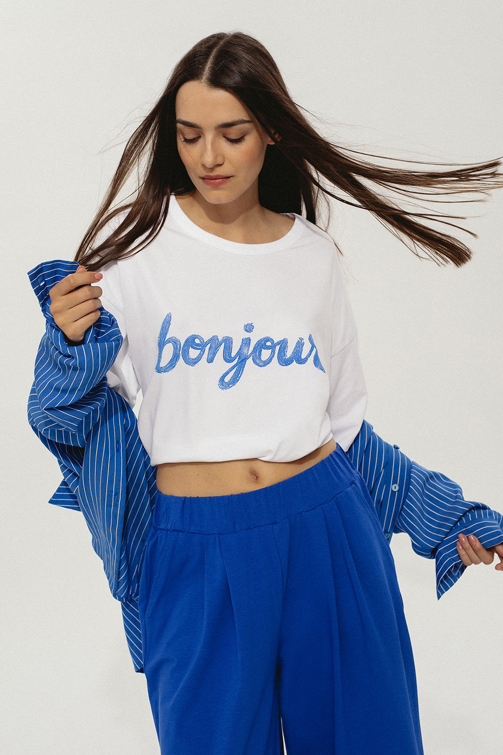 t-shirt bawełniany, biały, z nadrukiem bonjour, over-size, lużny