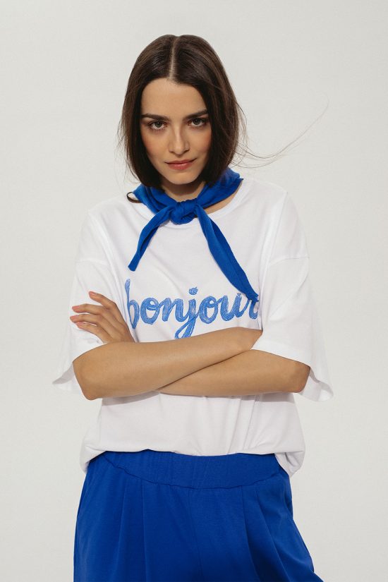 biały t-shirt oversize, z nadrukiem bonjour, z bawełny