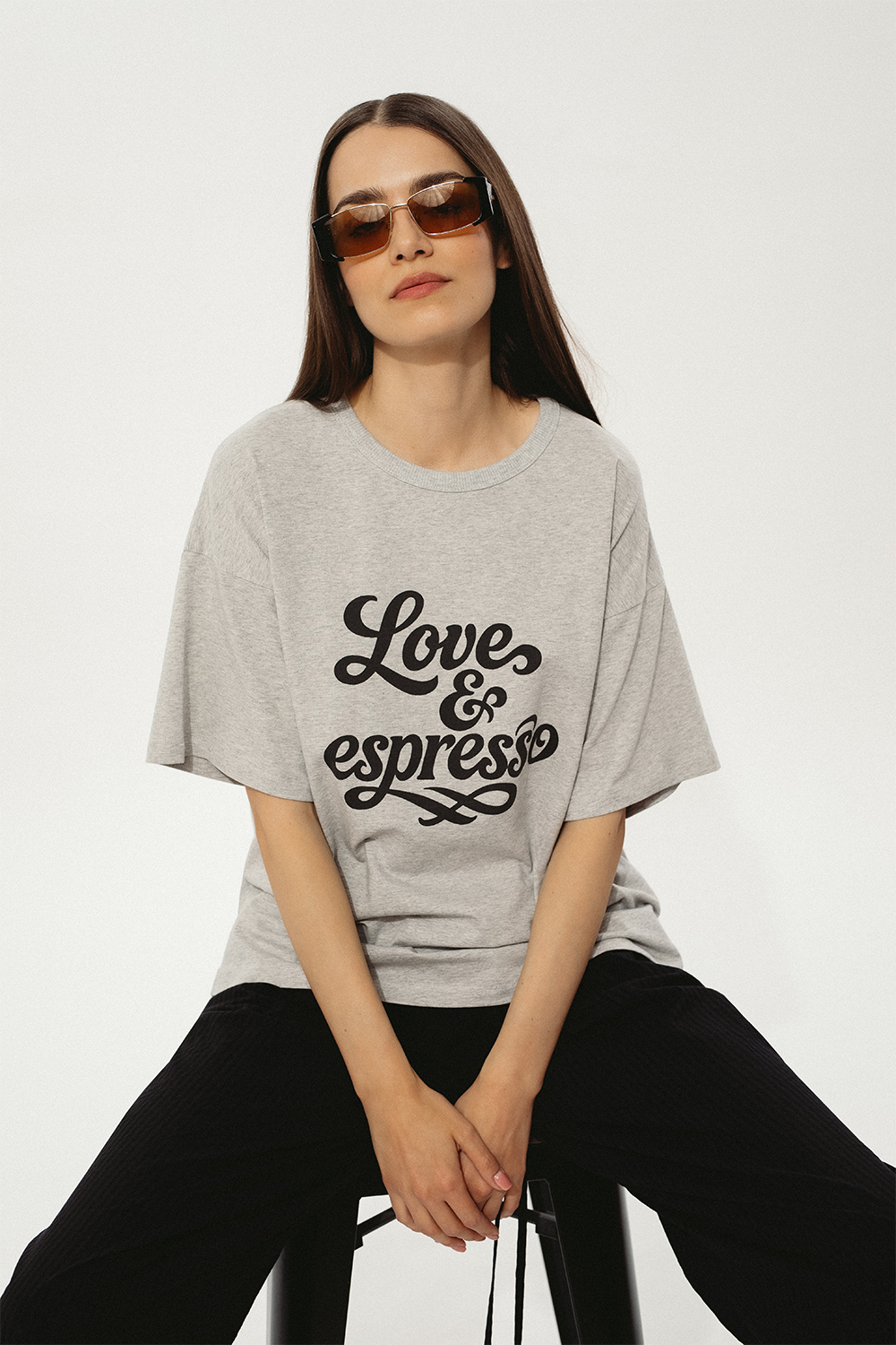 szary t-shirt melanżowy, melanż, z napisem love and espresso, bawełniany, damski
