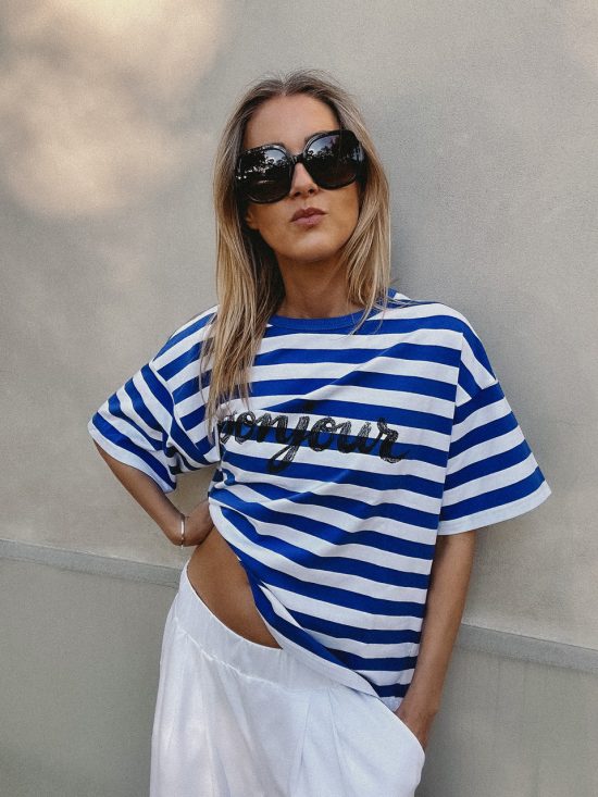 t-shirt oversize, damski, w biało-niebieskie paski, z napisem Bonjour, bawełniany, bawełna