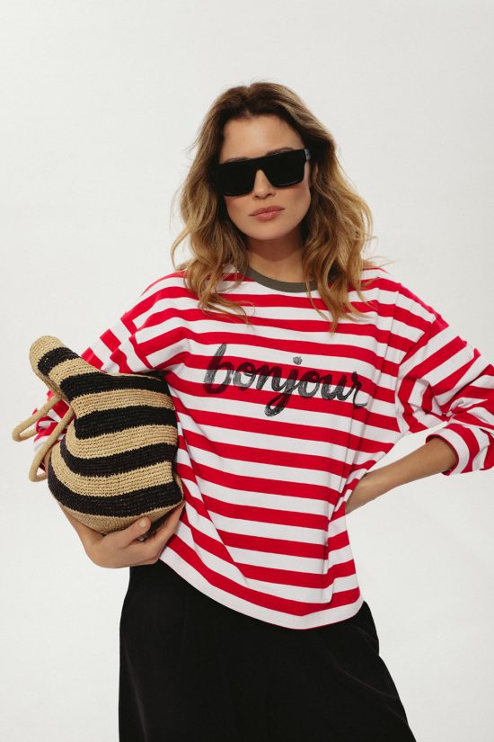 damski longsleeve oversize z napisem bonjour, bawełan, w paski czerwone