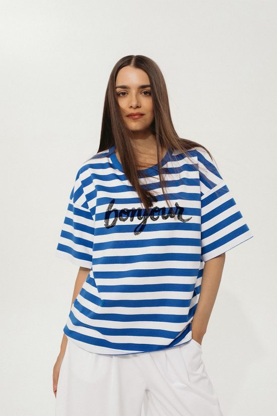 t-shirt damski oversize, w niebieskie paski, marine, z nadrukiem bonjour, luźny, by the moon