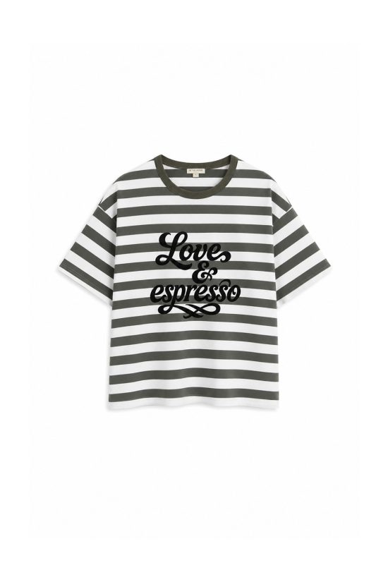 t-shirt love and espresso, w paski khaki-białe, bawełna, polska marka