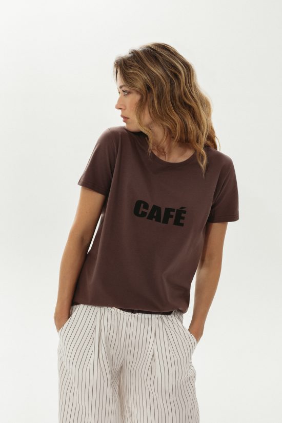 brązowy damski t-shirt, z nadrukiem CAFE, bawełna, polska marka