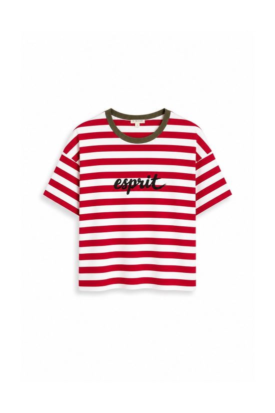 t-shirt oversize, damski, w paski biało czerwone, by the moon, napis esprit