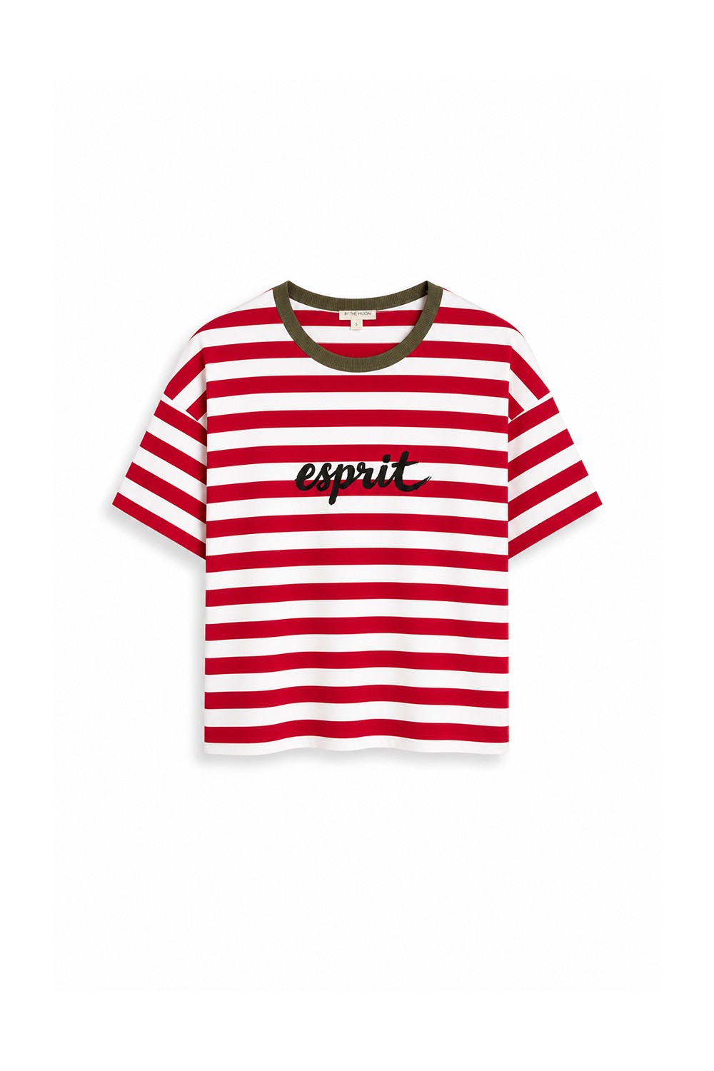 t-shirt oversize, damski, w paski biało czerwone, by the moon, napis esprit