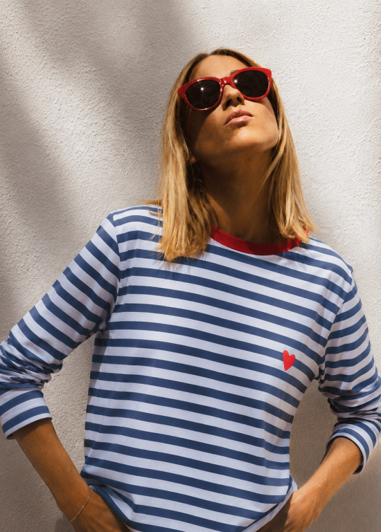 longsleeve damski w granatowe paski, z czerwonym serduszkiem, riviera heart, marine style