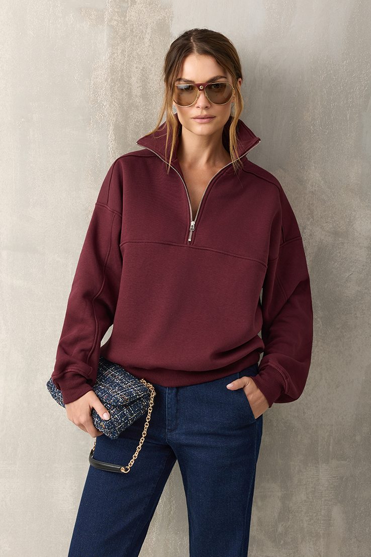 bluza z suwakiem burgundowa, bordowa, damska, bawełniana