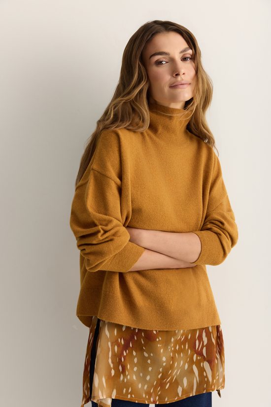 damski sweter, golf z 100% merino, rudy, miodowy, sweter, polska marka
